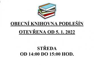 Obecní knihovna otevřena od 5. 1. 2022 každou středu od 14:00 hod. do 15:00 hod.